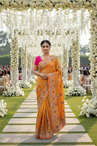 georgette party wear saree in orange with embroidery work & crystal stone work