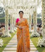 georgette party wear saree in orange with embroidery work & crystal stone work