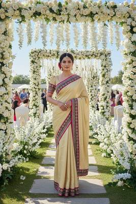 fancy art silk party wear saree in cream with embroidery work & crystal stone work 1