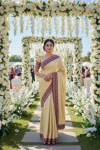 fancy art silk party wear saree in cream with embroidery work & crystal stone work