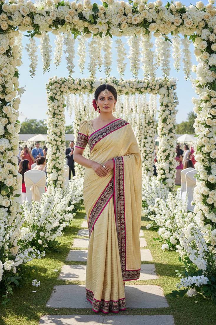 fancy art silk party wear saree in cream with embroidery work & crystal stone work