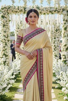 fancy art silk party wear saree in cream with embroidery work & crystal stone work 2