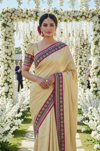 fancy art silk party wear saree in cream with embroidery work & crystal stone work