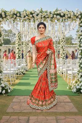 silk party wear saree in red with embroidery work & crystal stone work 1