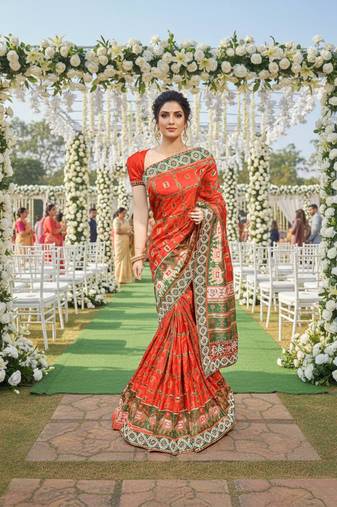 silk party wear saree in red with embroidery work & crystal stone work
