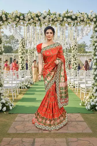 silk party wear saree in red with embroidery work & crystal stone work