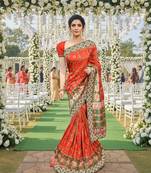 silk party wear saree in red with embroidery work & crystal stone work