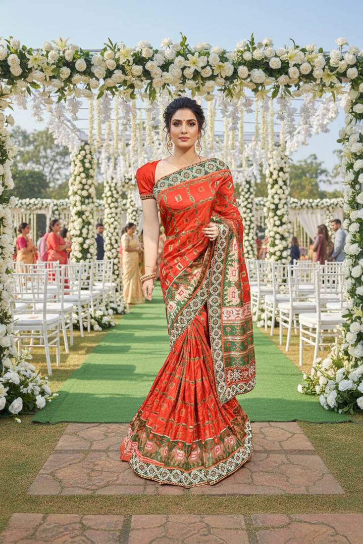 silk party wear saree in red with embroidery work & crystal stone work
