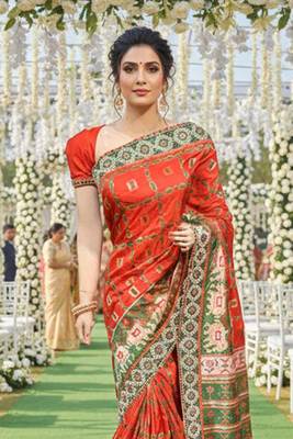 silk party wear saree in red with embroidery work & crystal stone work 2