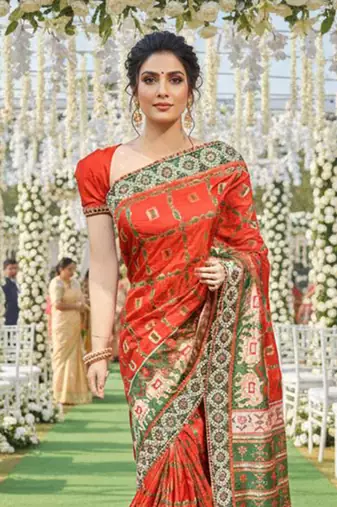 silk party wear saree in red with embroidery work & crystal stone work