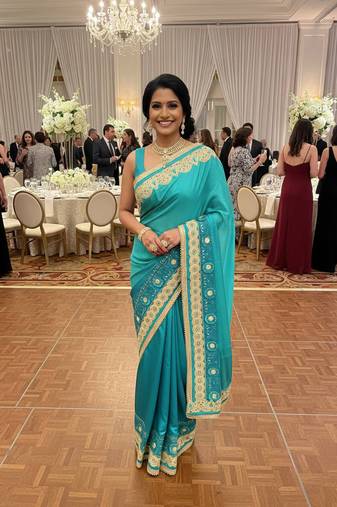 art silk party wear saree in rama with embroidery work & crystal stone work