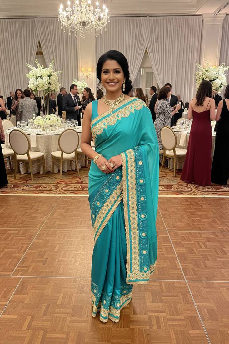 art silk party wear saree in rama with embroidery work & crystal stone work