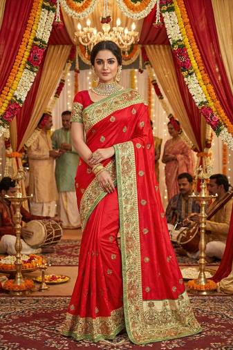 silk wedding wear saree in red with crystal stone work