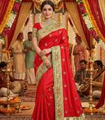 silk wedding wear saree in red with crystal stone work