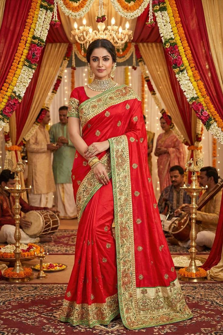 silk wedding wear saree in red with crystal stone work