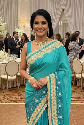 art silk party wear saree in rama with embroidery work & crystal stone work 2