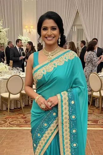 art silk party wear saree in rama with embroidery work & crystal stone work
