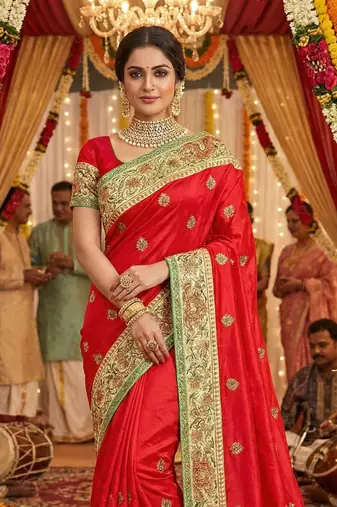 silk wedding wear saree in red with crystal stone work