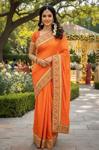 sateen silk wedding wear saree in orange with embroidery work & crystal stone work