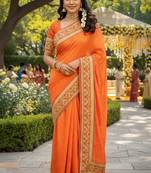 sateen silk wedding wear saree in orange with embroidery work & crystal stone work