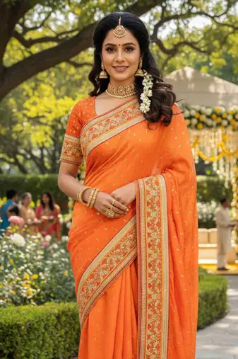 sateen silk wedding wear saree in orange with embroidery work & crystal stone work