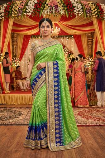 viscose silk wedding wear saree in green with crystals stone work