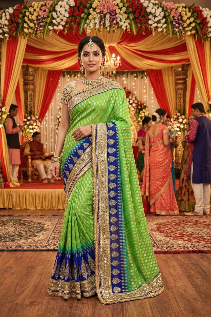 viscose silk wedding wear saree in green with crystals stone work