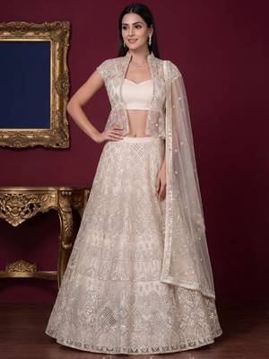 Rich Off-White Foil Work Net Reception Wear Lehenga Choli With Jacket 1