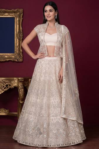 Rich Off-White Foil Work Net Reception Wear Lehenga Choli With Jacket
