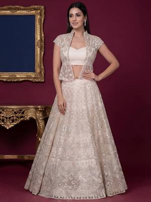 Rich Off-White Foil Work Net Reception Wear Lehenga Choli With Jacket 2