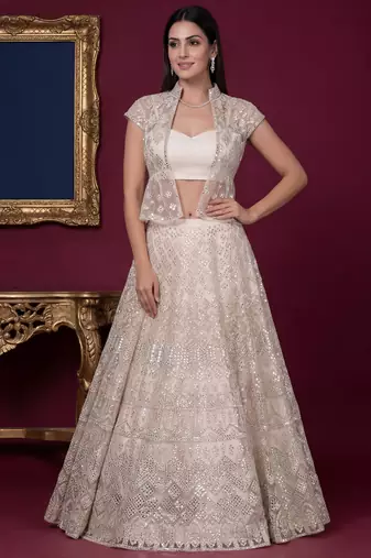 Rich Off-White Foil Work Net Reception Wear Lehenga Choli With Jacket