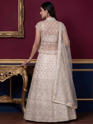 Rich Off-White Foil Work Net Reception Wear Lehenga Choli With Jacket 4