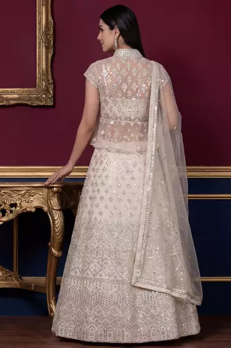 Rich Off-White Foil Work Net Reception Wear Lehenga Choli With Jacket