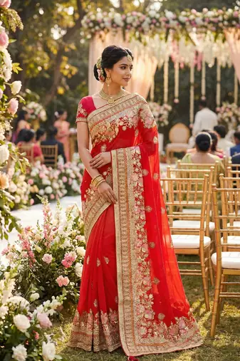 georgette wedding wear saree in red with embroidery work & crystal stone work