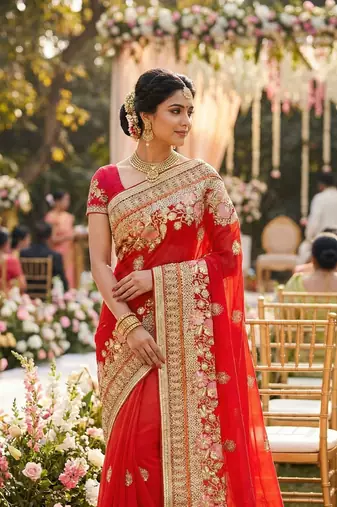 red georgette embroidered saree with blouse