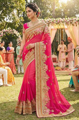 georgette wedding wear saree in pink with embroidery work & crystal stone work