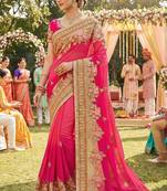 georgette wedding wear saree in pink with embroidery work & crystal stone work