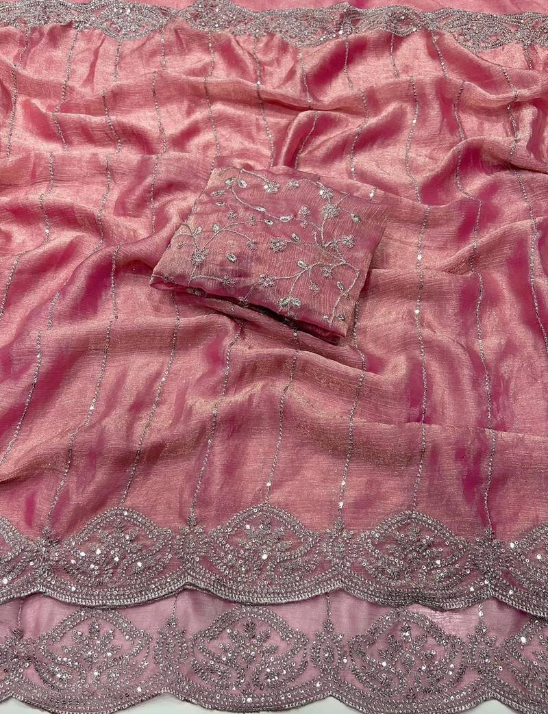 Pink Color  Sequence embroidery work with Cut work border  Chiffon Silk Saree 