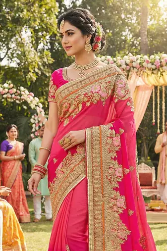 georgette wedding wear saree in pink with embroidery work & crystal stone work
