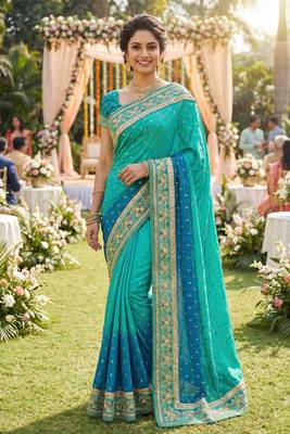 sateen silk wedding wear saree in light green with embroidery work & crystal stone work 1