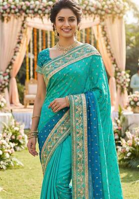 sateen silk wedding wear saree in light green with embroidery work & crystal stone work 2