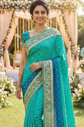 sateen silk wedding wear saree in light green with embroidery work & crystal stone work