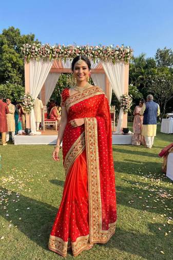 sateen silk wedding wear saree in red with embroidery work & crystal stone work