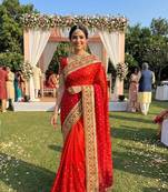 sateen silk wedding wear saree in red with embroidery work & crystal stone work
