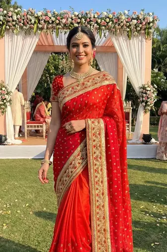 sateen silk wedding wear saree in red with embroidery work & crystal stone work