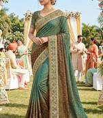 sateen silk wedding wear saree in green with embroidery work & crystal stone work