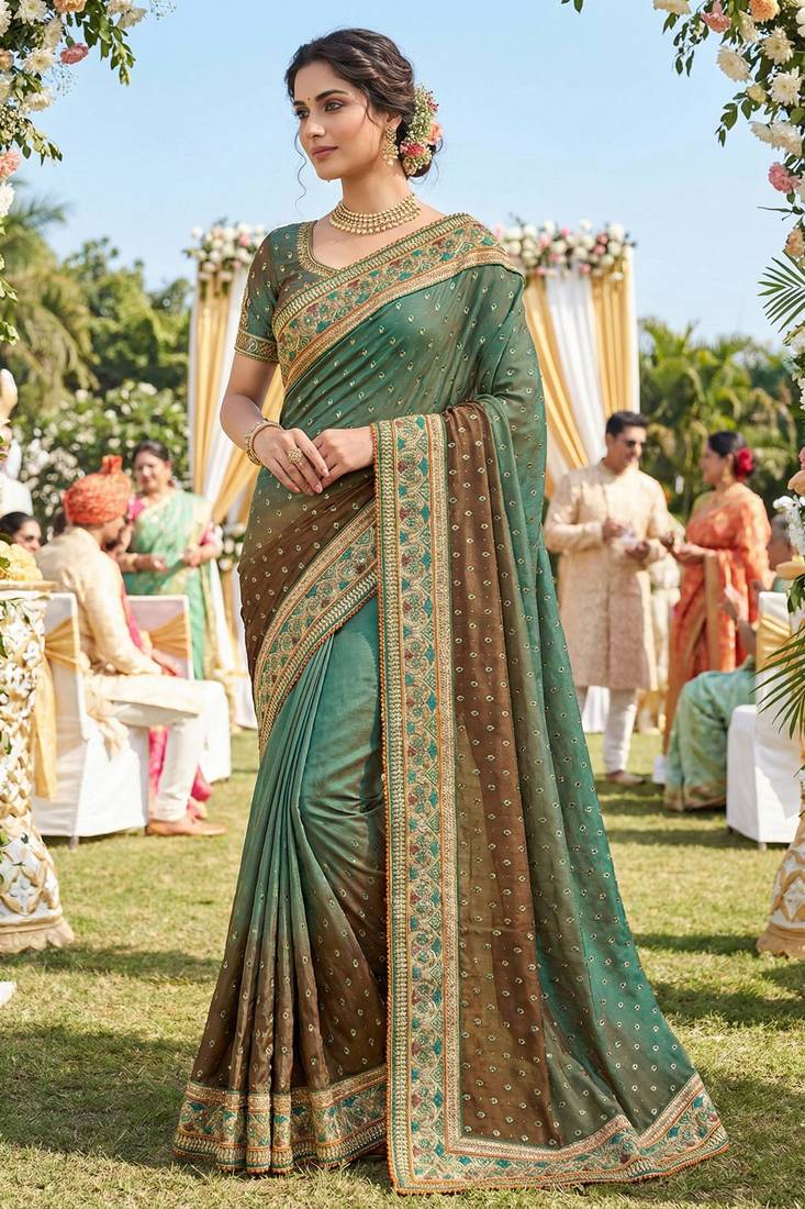 sateen silk wedding wear saree in green with embroidery work & crystal stone work