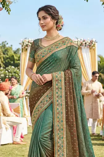 sateen silk wedding wear saree in green with embroidery work & crystal stone work