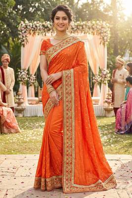 sateen silk wedding wear saree in orange with embroidery work & crystal stone work 1