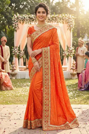 sateen silk wedding wear saree in orange with embroidery work & crystal stone work